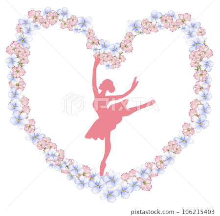 Composition of dancing ballerina in flower heart. Hand drawn classic ballet performance, pose. Young pretty ballerina women illustration. Can be used for postcard and posters. Composition of dancing ballerina in flower heart. Hand drawn classic ballet performance, pose. Young pretty ballerina women illustration. Can be used for postcard and posters. 106215403