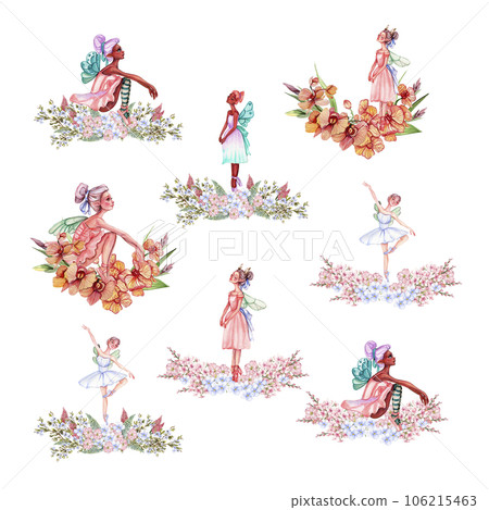 Composition of dancing ballerina with flowers. Hand drawn classic ballet performance, pose. Young pretty ballerina women illustration. Can be used for postcard and posters. 106215463