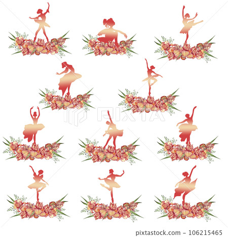 Composition of dancing ballerina with flowers. Hand drawn classic ballet performance, pose. Young pretty ballerina women illustration. Can be used for postcard and posters. 106215465