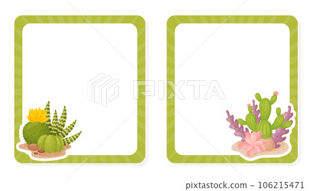 Note Card with Green Cactus Succulent Plant Grow in Soil Vector Template 106215471