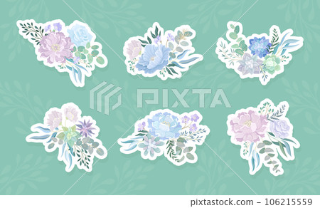 Blue Flowers Stickers Design with Blooming Flora Composition Vector Set 106215559