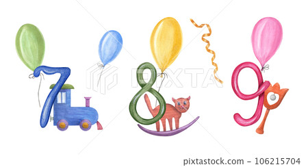 Numbers from 7 to 9 with kid wood toys and colors balloons. Train, cat, rattle, beanbag, ribbons. Watercolor illustration isolated on white background. For design of children party 106215704