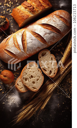 Homemade bread on kitchen table. Freshly baked loaf of bread placed on rustic wooden background 106215713