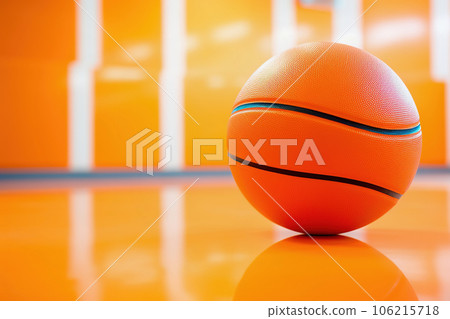 Basketball ball in gym, close up, orange bakground. Copy space. Generative AI Basketball ball in gym, close up, orange bakground. Copy space. Generative AI 106215718