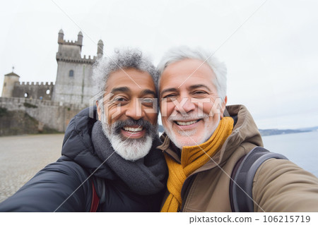 Couple of interracial middle age gay travellers taking selfie picture in city, men on autumn Europe vacation. Lifestyle and travel concept Couple of interracial middle age gay travellers taking selfie picture in city, men on autumn Europe vacation. Lifestyle and travel concept 106215719