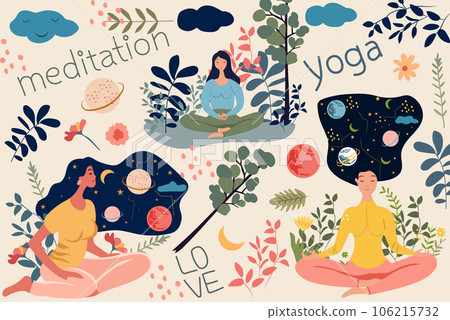 Woman in yoga lotus posture finding peace through meditation in outdoor. Concept for yoga, stress relief, leisure activities, and maintaining well being, relaxation. Vector illustration. Woman in yoga lotus posture finding peace through meditation in outdoor. Concept for yoga, stress relief, leisure activities, and maintaining well being, relaxation. Vector illustration. 106215732