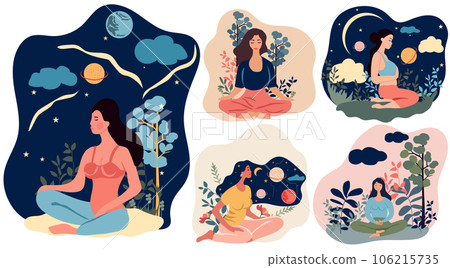 A woman meditates in a yoga lotus position surrounded by leaves and flowers. Concept of yoga practice, meditative relaxation, healthy lifestyle, leisure and wellness support. Vector A woman meditates in a yoga lotus position surrounded by leaves and flowers. Concept of yoga practice, meditative relaxation, healthy lifestyle, leisure and wellness support. Vector 106215735