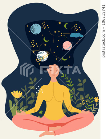 Woman in yoga lotus posture finding peace through meditation in outdoor. Concept for yoga, stress relief, leisure activities, and maintaining well being, relaxation. Vector illustration. Woman in yoga lotus posture finding peace through meditation in outdoor. Concept for yoga, stress relief, leisure activities, and maintaining well being, relaxation. Vector illustration. 106215741