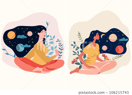 A woman meditates in a yoga lotus position surrounded by leaves and flowers. Concept of yoga practice, meditative relaxation, healthy lifestyle, leisure and wellness support. Vector A woman meditates in a yoga lotus position surrounded by leaves and flowers. Concept of yoga practice, meditative relaxation, healthy lifestyle, leisure and wellness support. Vector 106215743