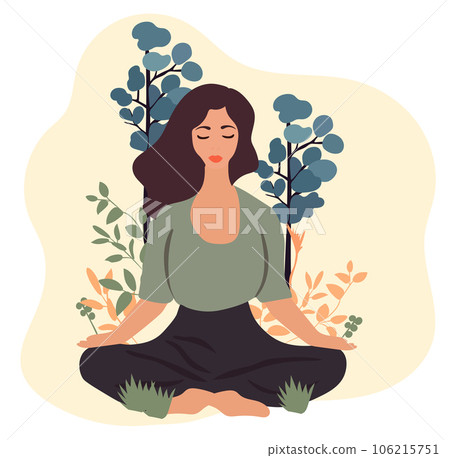 Female in tranquil meditation amidst nature and foliage.Concept for yoga, stress relief, mindfulness, relaxation, recreational wellness, and health. Vector illustration Female in tranquil meditation amidst nature and foliage.Concept for yoga, stress relief, mindfulness, relaxation, recreational wellness, and health. Vector illustration 106215751