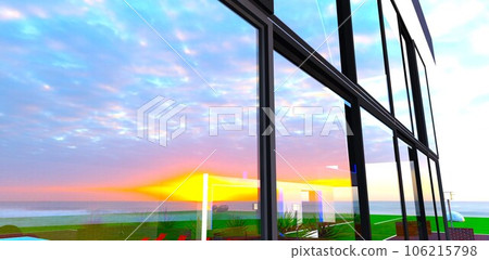 Beautiful sunset reflected in the large glass facade of the private newly constructed estate on the sea shore. 3d rendering. Beautiful sunset reflected in the large glass facade of the private newly constructed estate on the sea shore. 3d rendering. 106215798