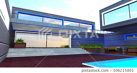 Blue and white LED stripes as a day decor of the advanced country mansion. Wide concrete steps and large glass entry door. 3d rendering. 106215801
