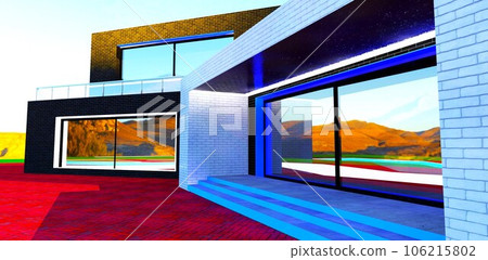 Blue glowing elements of the porch with sliding glass door reflecting the mountains landscape. 3d rendering. 106215802