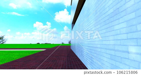 Combination of the white brick tile as a wall finishing and red brick pavement. Good decision for suburban construction. 3d rendering. Combination of the white brick tile as a wall finishing and red brick pavement. Good decision for suburban construction. 3d rendering. 106215806