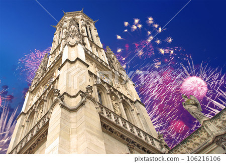 Celebratory fireworks over the Great gothic church of Saint Germain l Auxerrois, Paris, France Celebratory fireworks over the Great gothic church of Saint Germain l Auxerrois, Paris, France 106216106