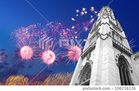 Celebratory fireworks over the Great gothic church of Saint Germain l Auxerrois, Paris, France Celebratory fireworks over the Great gothic church of Saint Germain l Auxerrois, Paris, France 106216126