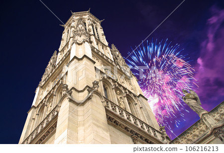 Celebratory fireworks over the Great gothic church of Saint Germain l Auxerrois, Paris, France 106216213