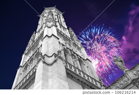 Celebratory fireworks over the Great gothic church of Saint Germain l Auxerrois, Paris, France Celebratory fireworks over the Great gothic church of Saint Germain l Auxerrois, Paris, France 106216214