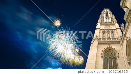 Celebratory fireworks over the Great gothic church of Saint Germain l Auxerrois, Paris, France Celebratory fireworks over the Great gothic church of Saint Germain l Auxerrois, Paris, France 106216215