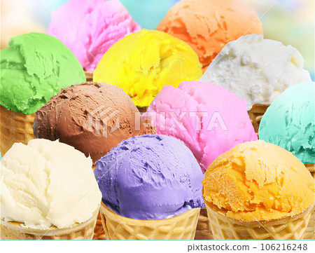 Assorted ice cream in waffle cones Assorted ice cream in waffle cones 106216248