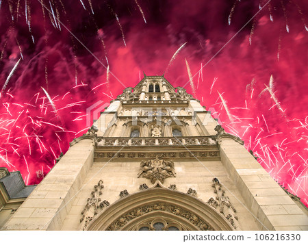 Celebratory fireworks over the Great gothic church of Saint Germain l Auxerrois, Paris, France Celebratory fireworks over the Great gothic church of Saint Germain l Auxerrois, Paris, France 106216330
