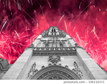 Celebratory fireworks over the Great gothic church of Saint Germain l Auxerrois, Paris, France Celebratory fireworks over the Great gothic church of Saint Germain l Auxerrois, Paris, France 106216331