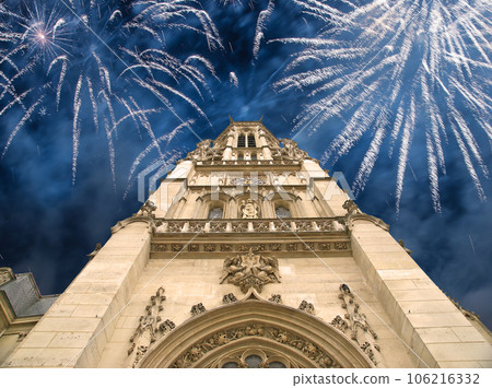 Celebratory fireworks over the Great gothic church of Saint Germain l Auxerrois, Paris, France Celebratory fireworks over the Great gothic church of Saint Germain l Auxerrois, Paris, France 106216332