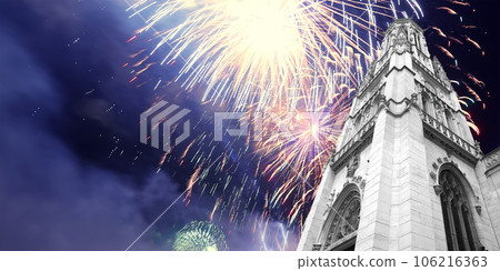 Celebratory fireworks over the Great gothic church of Saint Germain l Auxerrois, Paris, France Celebratory fireworks over the Great gothic church of Saint Germain l Auxerrois, Paris, France 106216363