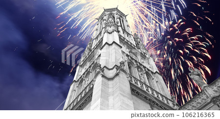 Celebratory fireworks over the Great gothic church of Saint Germain l Auxerrois, Paris, France Celebratory fireworks over the Great gothic church of Saint Germain l Auxerrois, Paris, France 106216365