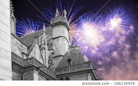 Celebratory fireworks over the Great gothic church of Saint Germain l Auxerrois, Paris, France Celebratory fireworks over the Great gothic church of Saint Germain l Auxerrois, Paris, France 106216459