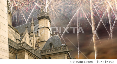 Celebratory fireworks over the Great gothic church of Saint Germain l Auxerrois, Paris, France Celebratory fireworks over the Great gothic church of Saint Germain l Auxerrois, Paris, France 106216498