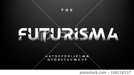 Futuristic Font with a Modern Touch, Perfect for Tech Enthusiasts. Ideal for EDM and Cyberpunk Logos. Unique Digital Typography in Contemporary Style. Vector Typeset 106216537