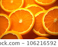 Closeup of fresh orange fruit slices with green leaves on white background 106216592