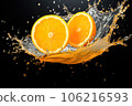 Slices of orange falling into water with splash on black background 106216593