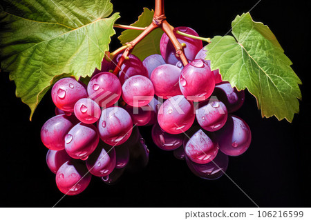 Bunch of ripe red grapes with green leaves on a black background Bunch of ripe red grapes with green leaves on a black background 106216599