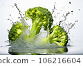 Fresh green broccoli with water splash on grey background, close-up 106216604