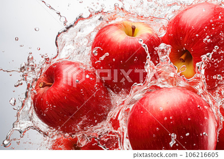 Fresh red apples in water splash on blue background, close-up 106216605