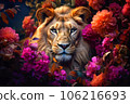 Lion in the garden with flowers. Beautiful portrait of a lion 106216693