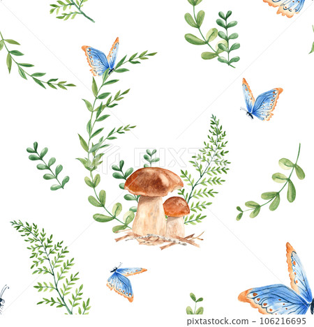 Seamless watercolor pattern with porcini mushrooms, fern, green branches and blue butterfly. Botanical summer hand drawn illustration. Can be used for gift wrapping paper, kitchen textile and fabric Seamless watercolor pattern with porcini mushrooms, fern, green branches and blue butterfly. Botanical summer hand drawn illustration. Can be used for gift wrapping paper, kitchen textile and fabric 106216695