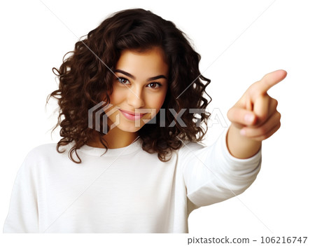 Young girl looking at camera while pointing her finger 106216747