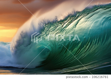 Beautiful deep blue tube wave in the ocean. Ocean wave sunrise from inside a beach wave. Generative AI 106216781