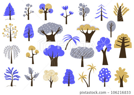 Abstract trees mega set in graphic flat design. Bundle elements of minimal style trees with blue foliage and other colors, forest plants with different shapes. Illustration isolated stickers Abstract trees mega set in graphic flat design. Bundle elements of minimal style trees with blue foliage and other colors, forest plants with different shapes. Illustration isolated stickers 106216833