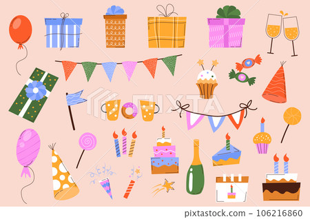 Birthday holiday mega set in graphic flat design. Bundle elements of balloons, gifts, champagne, garlands, cupcakes, hats, lollipops, candles, cake and other. Illustration isolated stickers 106216860
