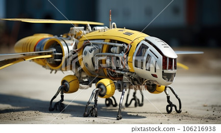 A yellow flying robot-drone with a large engine on the ground, AI A yellow flying robot-drone with a large engine on the ground, AI 106216938