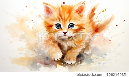 Watercolor painting of a kitten with big eyes, AI 106216985