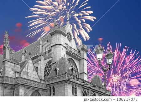 Celebratory fireworks over the Great gothic church of Saint Germain l Auxerrois, Paris, France Celebratory fireworks over the Great gothic church of Saint Germain l Auxerrois, Paris, France 106217075