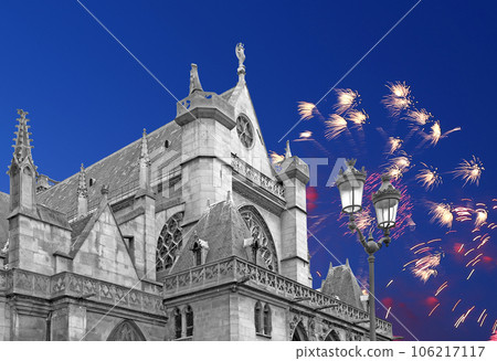 Celebratory fireworks over the Great gothic church of Saint Germain l Auxerrois, Paris, France 106217117