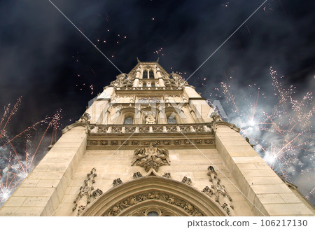 Celebratory fireworks over the Great gothic church of Saint Germain l Auxerrois, Paris, France 106217130