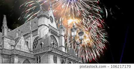 Celebratory fireworks over the Great gothic church of Saint Germain l Auxerrois, Paris, France Celebratory fireworks over the Great gothic church of Saint Germain l Auxerrois, Paris, France 106217170