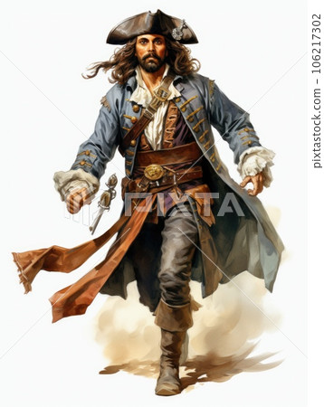 Pirate captain with beard and hat running, AI 106217302